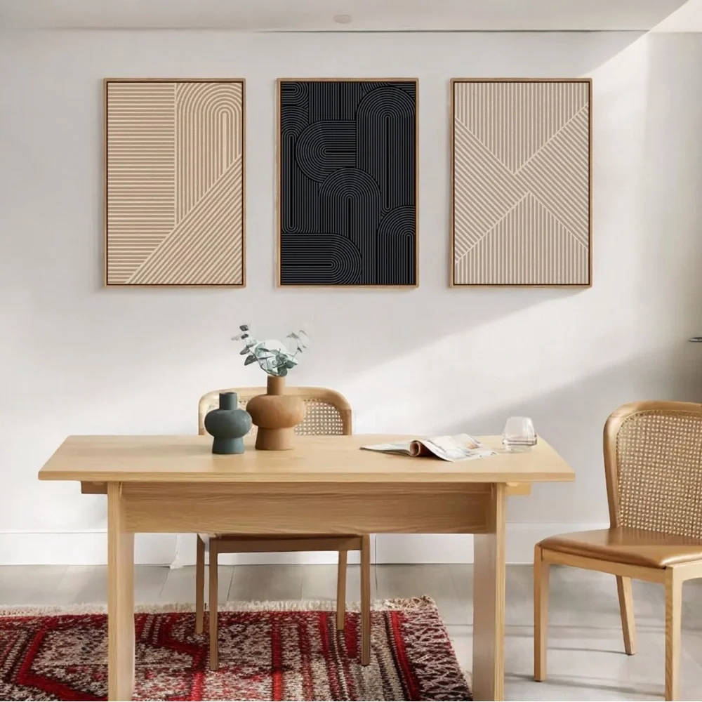 New West Elm Large Abstract Set of 3 Framed Canvas Wall Art Paintings Decor 24
